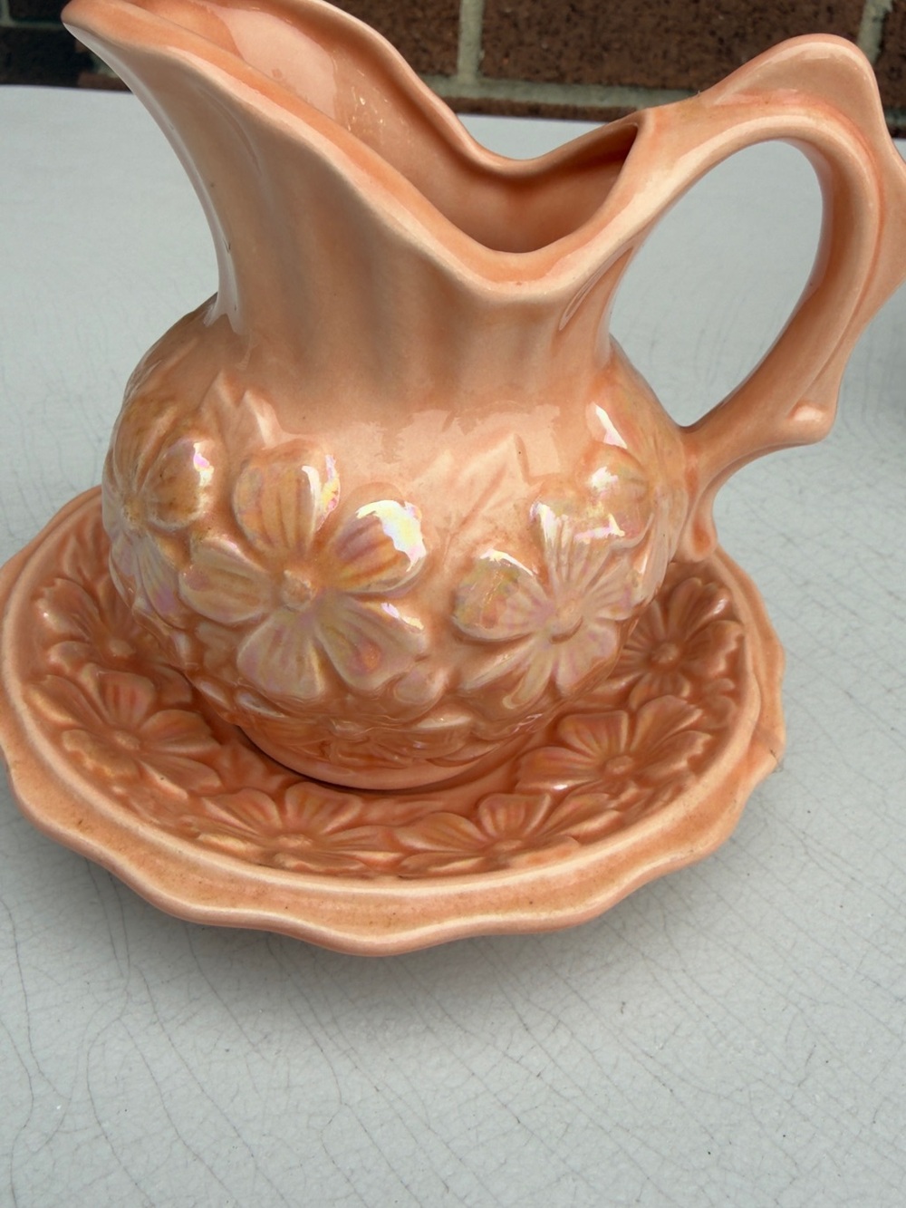 Mid-Century Modern Peach Glazed Ceramic Ewer Pitcher/ Matching Saucer Set VTG